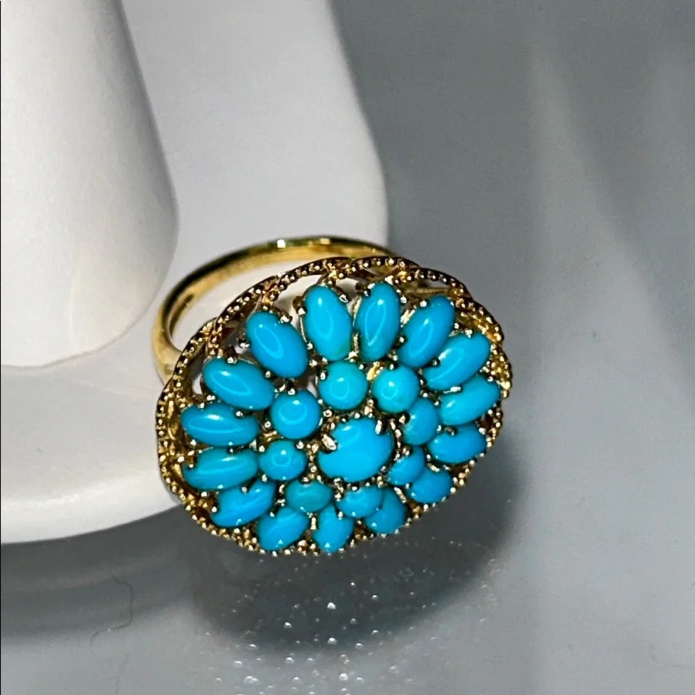 NWOT Genuine Turquoise Gemstone Gold Plated Sterling Silver Designer Ring Boho